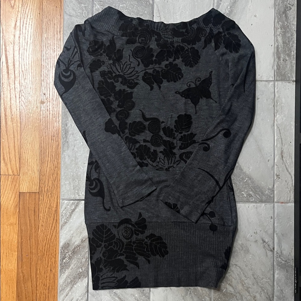 Chic Floral Black and Gray Women's Boatneck Sweater Dress